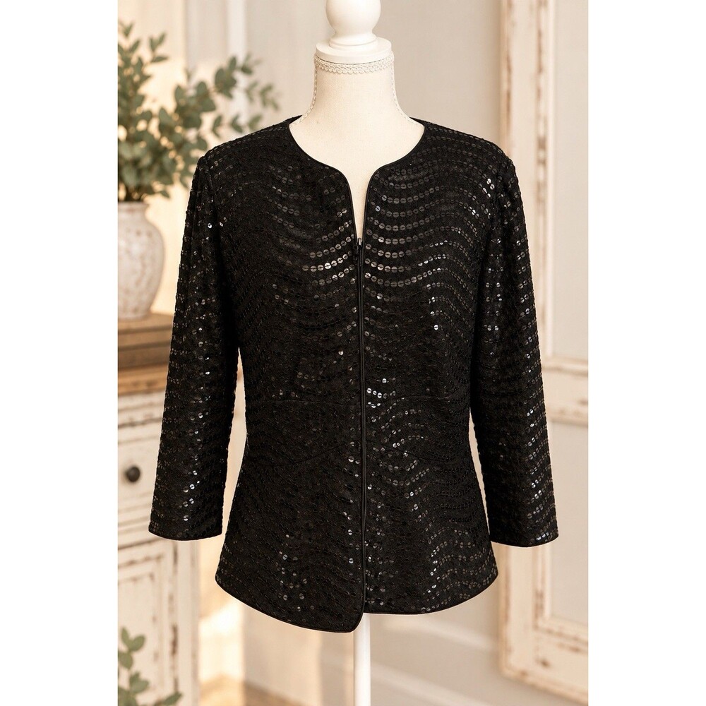 Alex Evenings Women’s Large Black Sequins  Zip Jacket Formal Evening L